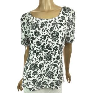 Worthington Size XL Blouse Top Crinkle Stretch White & Gray Floral Short Sleeve